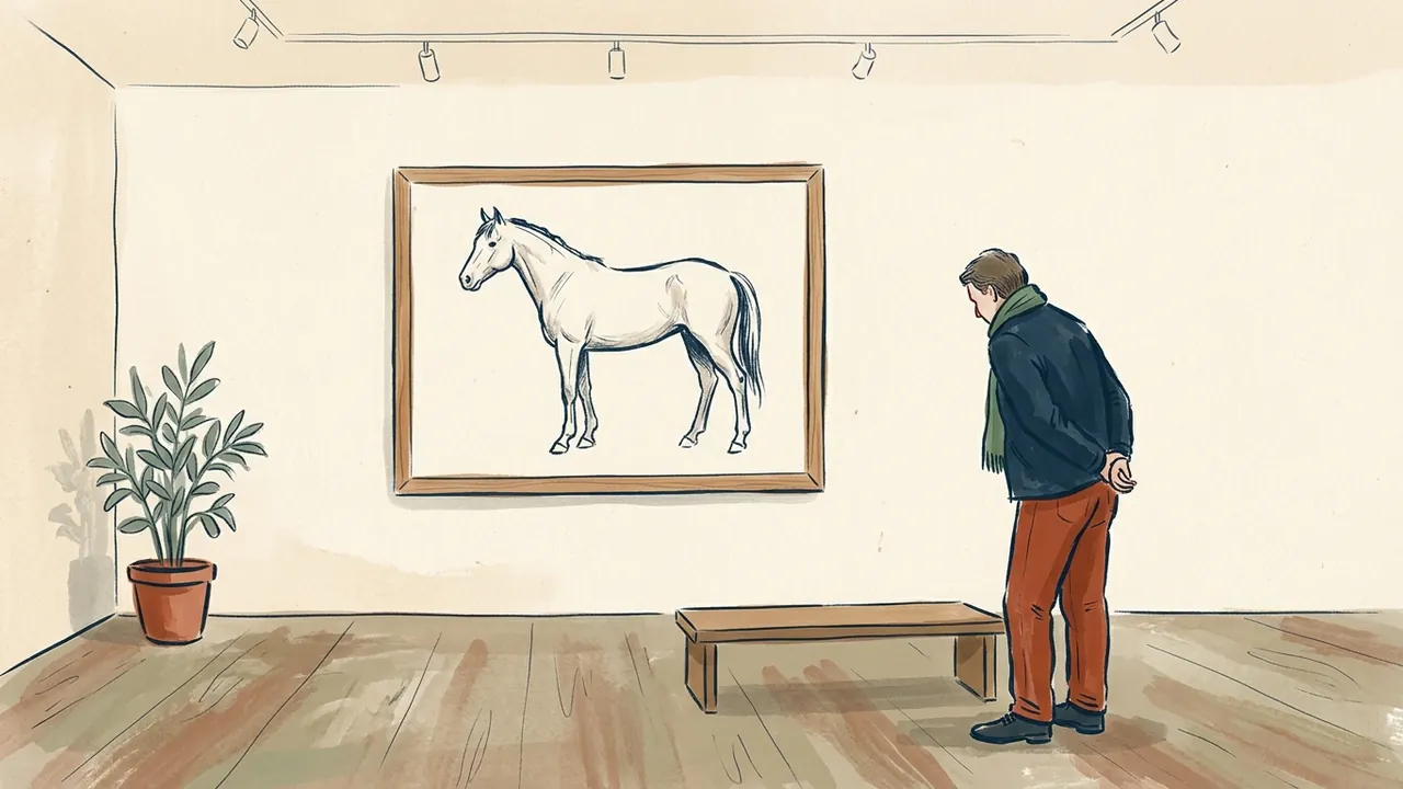 Una persona observa un dibujo original de un caballo en una sala de exposición.