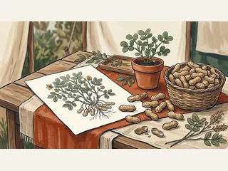 Cacahuetes junto a una ilustración botánica sobre una mesa.