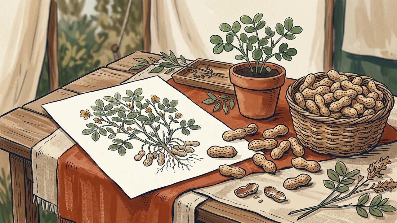 Cacahuetes junto a una ilustración botánica sobre una mesa.