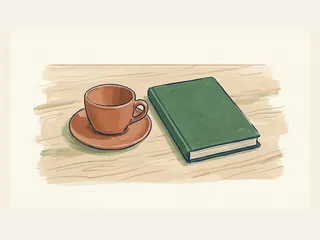 Taza de cerámica teja sobre su plato junto a un cuaderno verde cerrado.