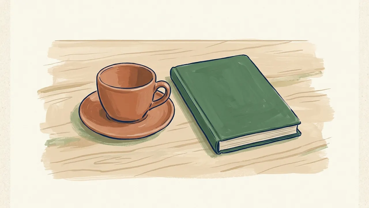 Taza de cerámica teja sobre su plato junto a un cuaderno verde cerrado.