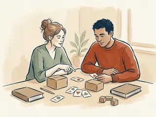 Dos personas comparan cajas lisas y tarjetas con figuras geométricas sobre una mesa.