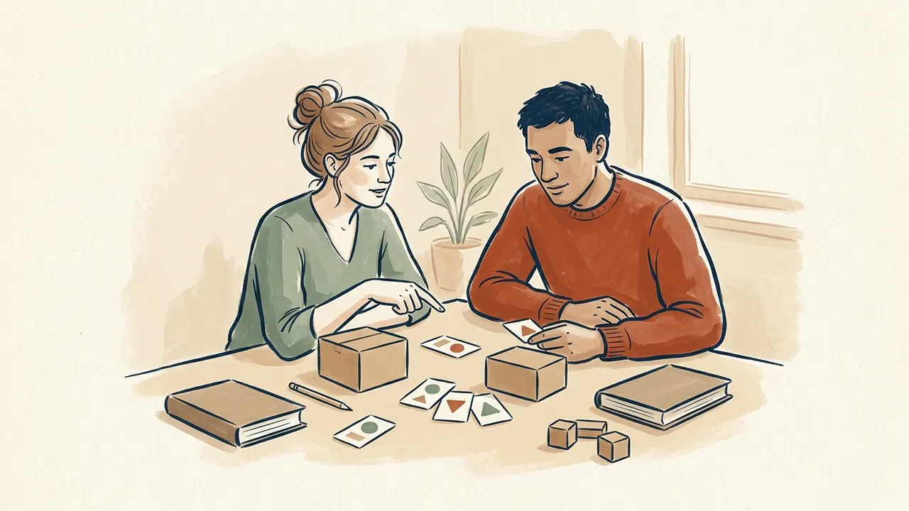 Dos personas comparan cajas lisas y tarjetas con figuras geométricas sobre una mesa.