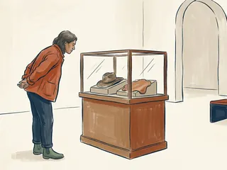 Una persona observa un sombrero de ala ancha y una pieza de cuero en una vitrina.