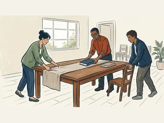 Tres personas preparan una mesa de lectura con libros cerrados.