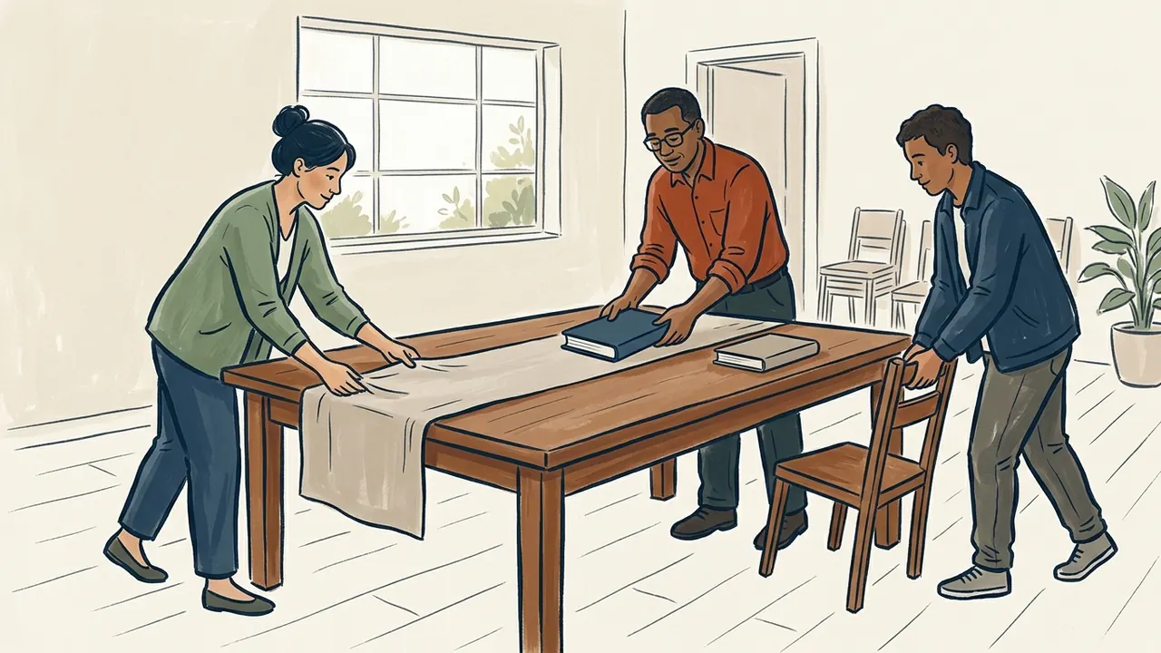 Tres personas preparan una mesa de lectura con libros cerrados.