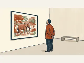 Persona adulta que observa una ilustración original de un elefante entre árboles.