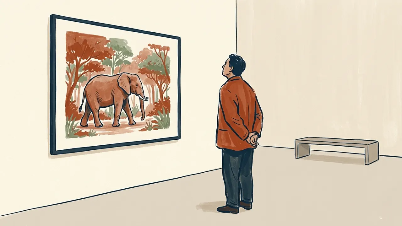 Persona adulta que observa una ilustración original de un elefante entre árboles.
