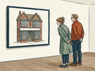 Dos personas contemplan la ilustración de un comercio británico de ladrillo.