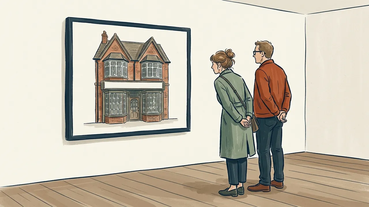 Dos personas contemplan la ilustración de un comercio británico de ladrillo.
