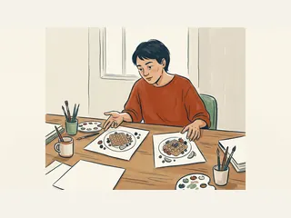 Una persona compara dos dibujos de gofres con fruta en una mesa de taller.