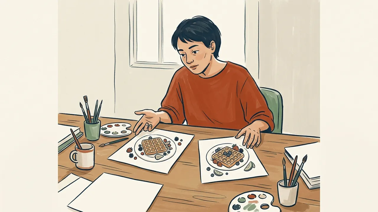 Una persona compara dos dibujos de gofres con fruta en una mesa de taller.