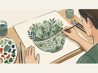Una persona pinta un cuenco imaginario con formas vegetales y tonos verdes.