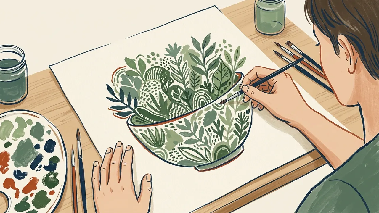 Una persona pinta un cuenco imaginario con formas vegetales y tonos verdes.