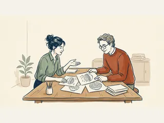 Dos personas comparan dibujos de cuencos gastronómicos imaginarios sobre una mesa.