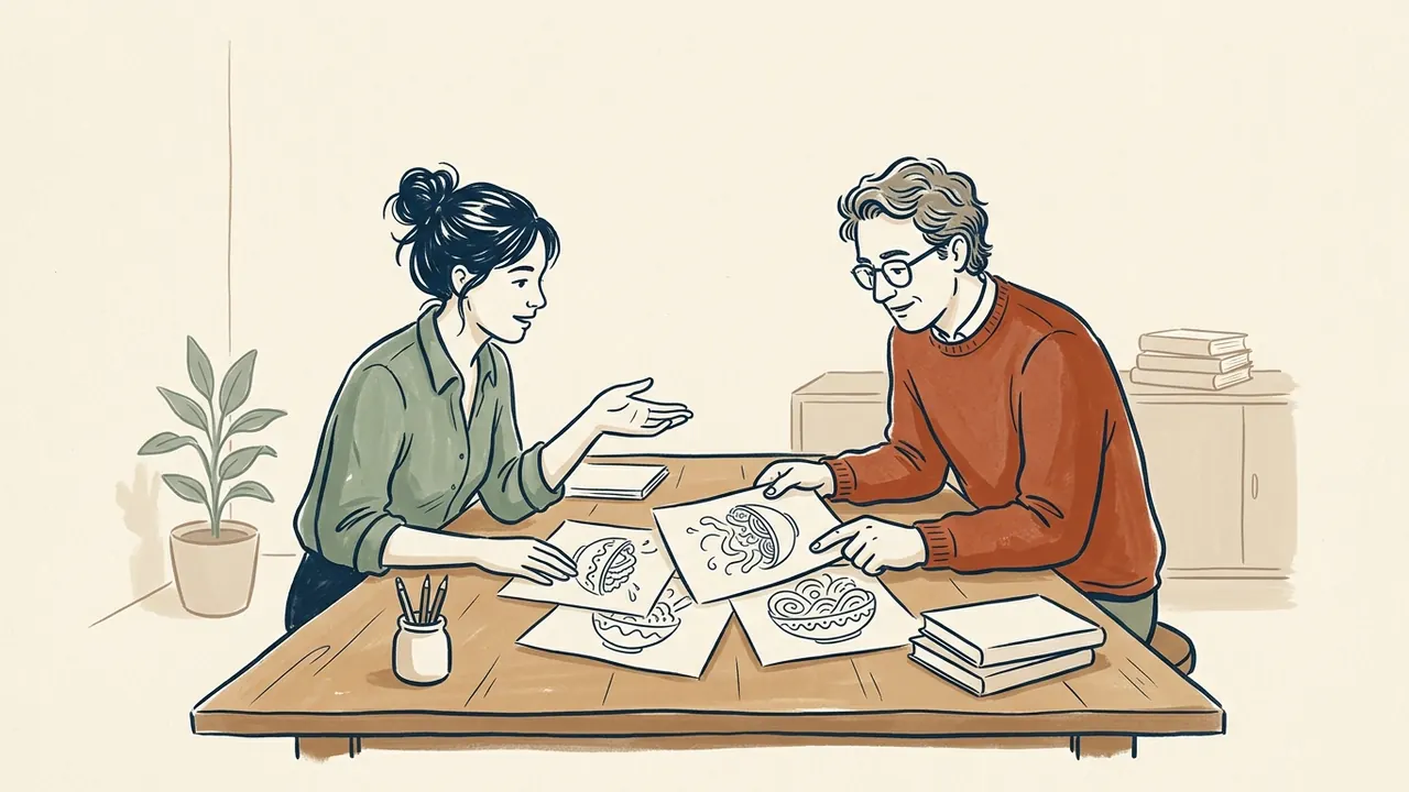 Dos personas comparan dibujos de cuencos gastronómicos imaginarios sobre una mesa.