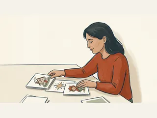 Una persona organiza tarjetas ilustradas con una casa, una estrella y un personaje de cuento.