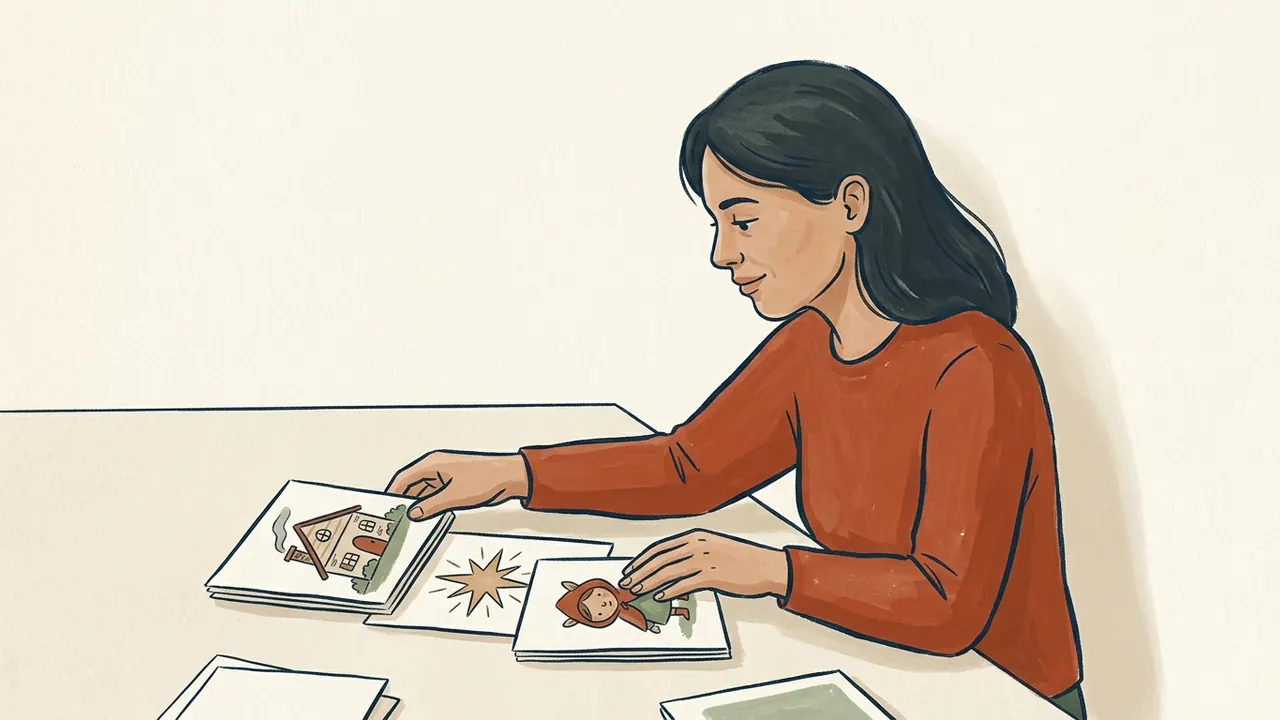 Una persona organiza tarjetas ilustradas con una casa, una estrella y un personaje de cuento.