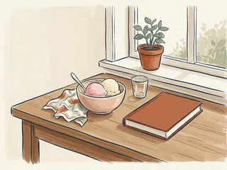 Un cuenco con dos bolas de helado junto a una cuchara, un vaso y un libro liso.