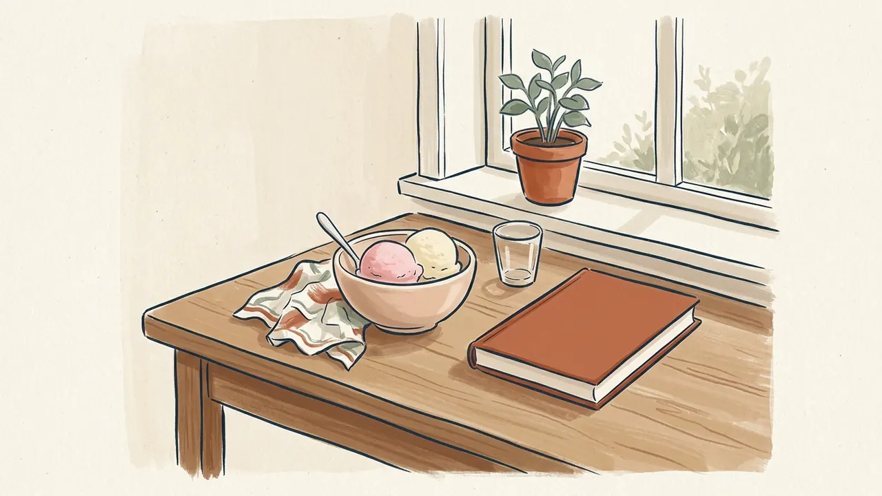 Un cuenco con dos bolas de helado junto a una cuchara, un vaso y un libro liso.