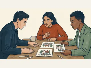 Tres personas adultas observan tarjetas con dibujos de casas imaginarias.