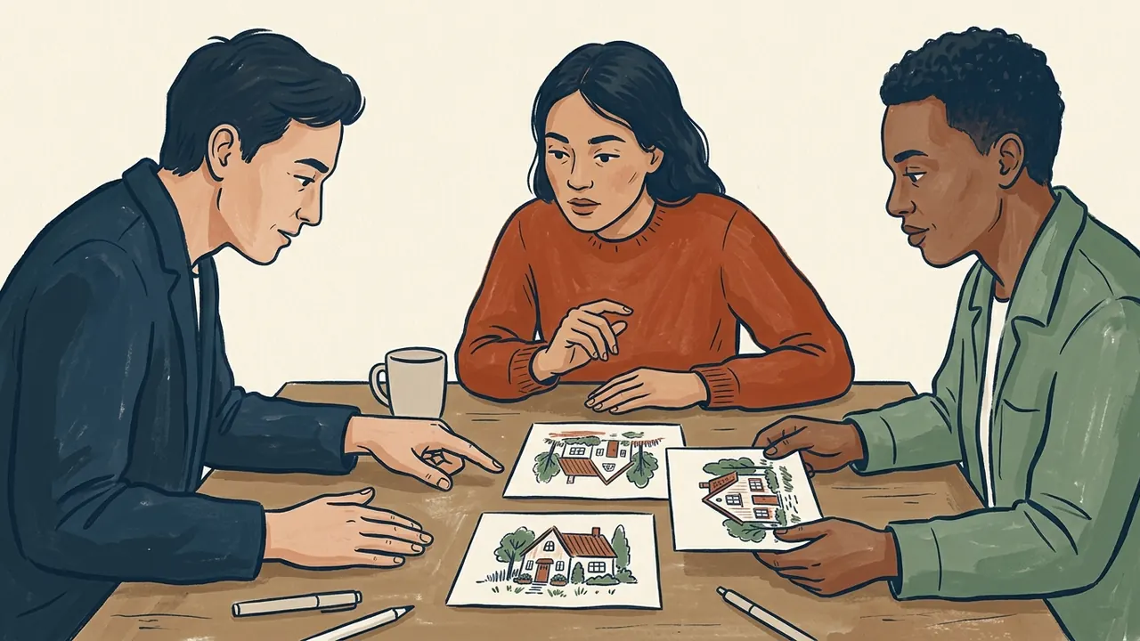 Tres personas adultas observan tarjetas con dibujos de casas imaginarias.