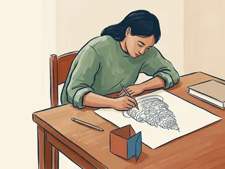 Una persona dibuja un pastel imaginario de varios niveles con motivos de frutas sobre papel.