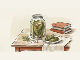 Un tarro de pepinillos y un plato con encurtidos sobre una mesa de cocina.