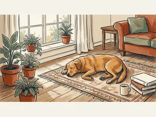 Un perro descansa sobre una alfombra junto a una ventana.