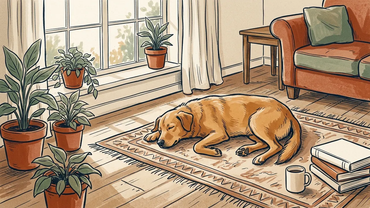 Un perro descansa sobre una alfombra junto a una ventana.