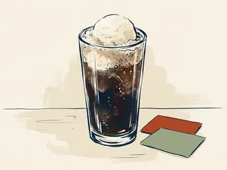 Un vaso de bebida oscura con una bola de helado flotando sobre la espuma.