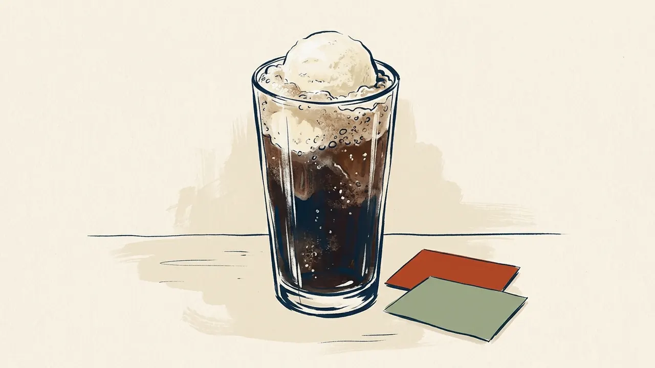 Un vaso de bebida oscura con una bola de helado flotando sobre la espuma.
