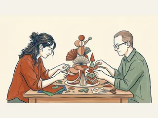 Dos personas construyen una composición gastronómica imaginaria con papeles de colores.