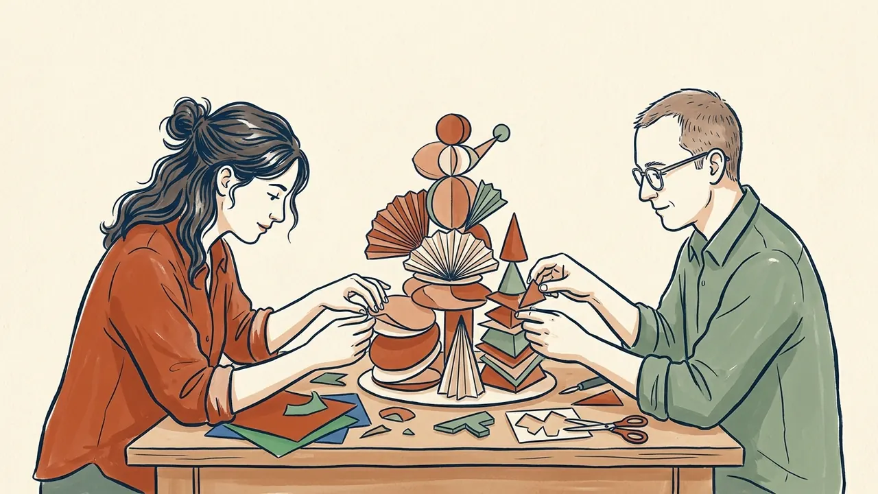 Dos personas construyen una composición gastronómica imaginaria con papeles de colores.