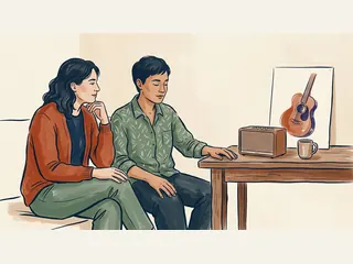 Dos personas escuchan música junto a un altavoz y una lámina de una guitarra estilizada.