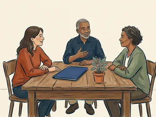 Tres personas adultas conversan alrededor de una mesa con una carpeta cerrada y una planta.