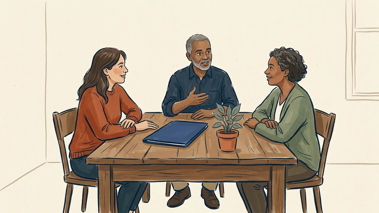 Tres personas adultas conversan alrededor de una mesa con una carpeta cerrada y una planta.