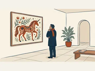 Una persona adulta observa una ilustración decorativa de un unicornio en una sala.