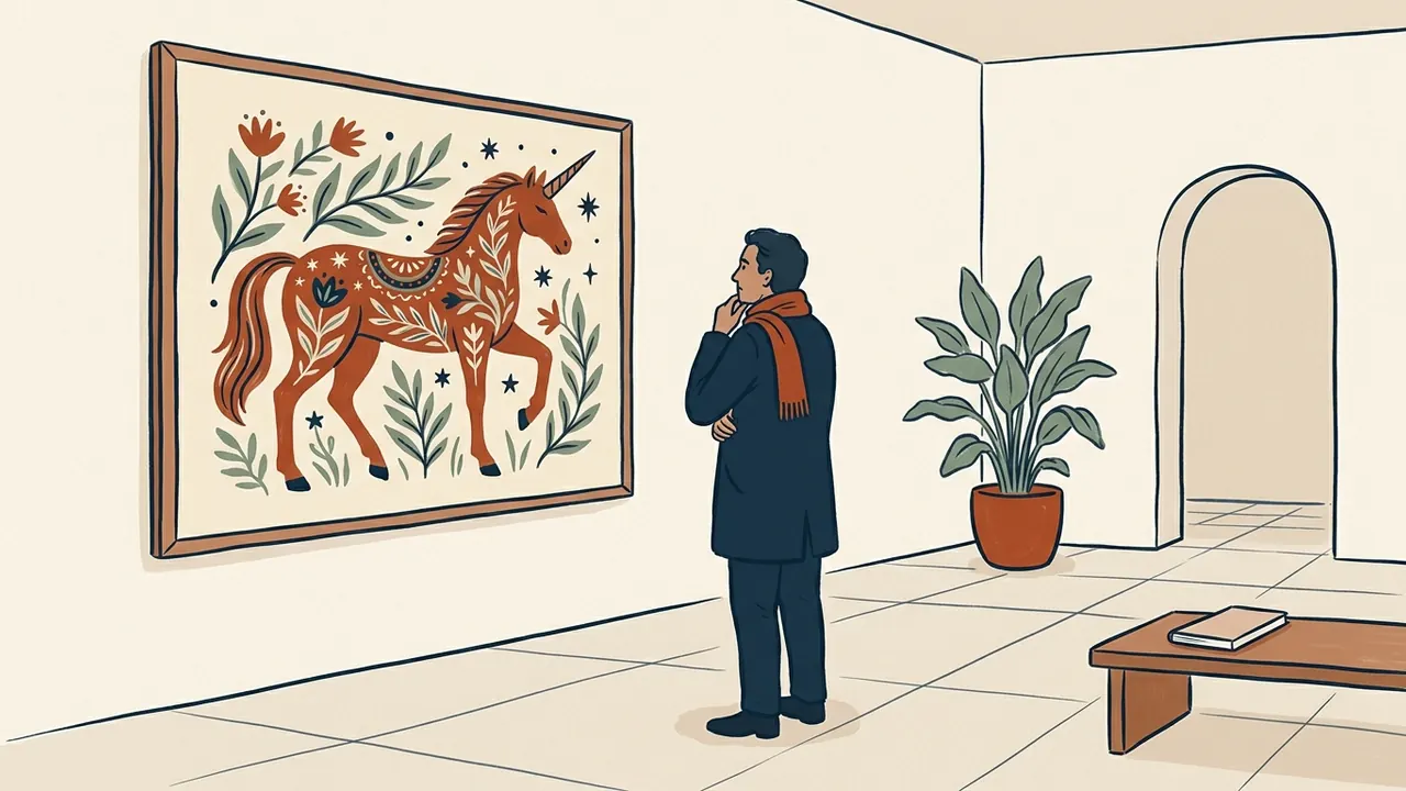 Una persona adulta observa una ilustración decorativa de un unicornio en una sala.