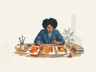 Una persona compara tres composiciones de papel en tonos naranja, ámbar y teja.