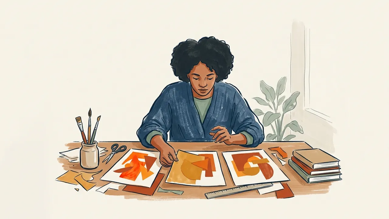 Una persona compara tres composiciones de papel en tonos naranja, ámbar y teja.