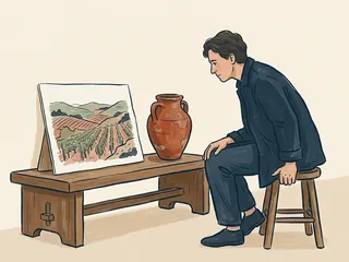 Una persona contempla un dibujo de un viñedo junto a una vasija de cerámica.