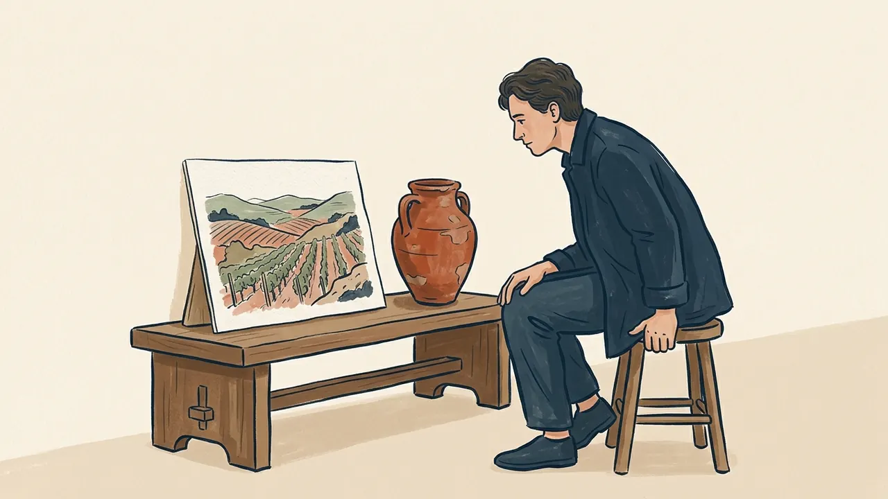 Una persona contempla un dibujo de un viñedo junto a una vasija de cerámica.