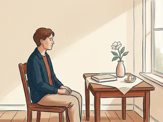 Una persona permanece sentada junto a una mesa con una flor blanca y un libro cerrado en una escena ficticia de memoria.