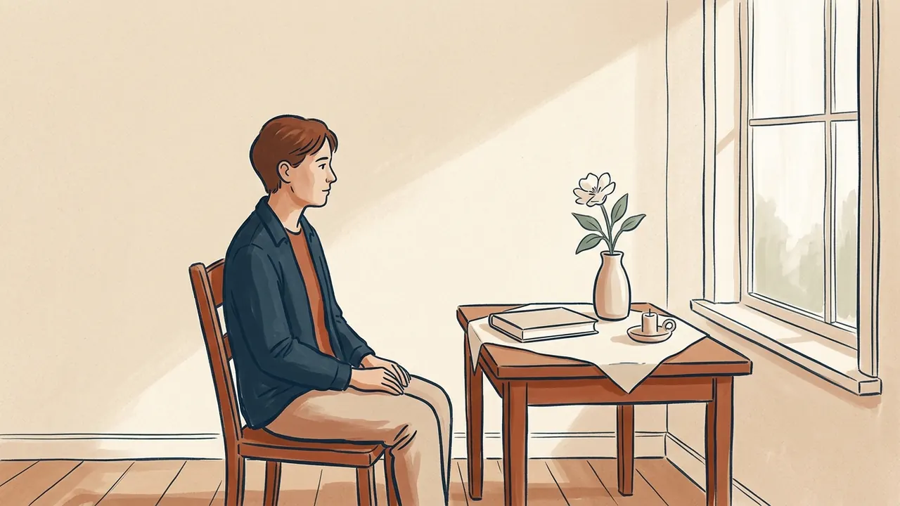 Una persona permanece sentada junto a una mesa con una flor blanca y un libro cerrado en una escena ficticia de memoria.