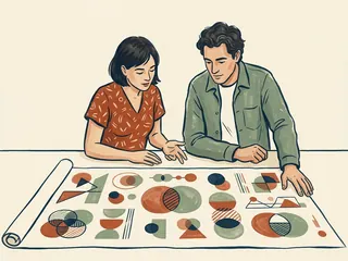 Dos personas observan una lámina con figuras geométricas originales de colores.