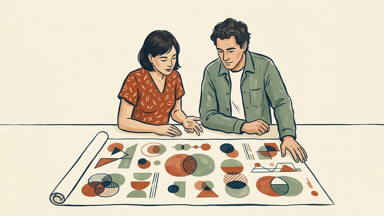 Dos personas observan una lámina con figuras geométricas originales de colores.