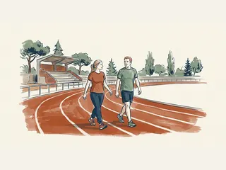 Mujer y hombre caminando en una pista municipal de atletismo.