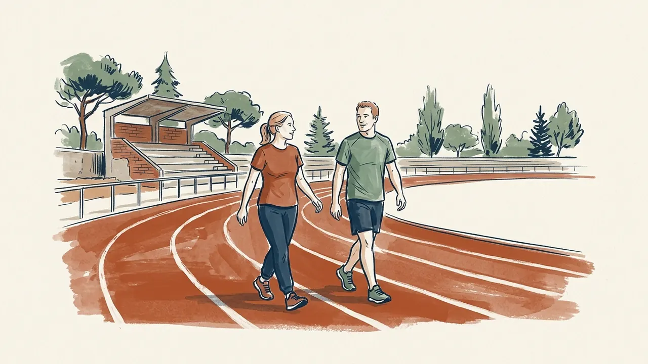 Mujer y hombre caminando en una pista municipal de atletismo.