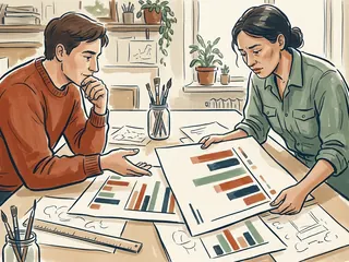 Dos personas comparan gráficos de barras sin cifras en una mesa de trabajo.